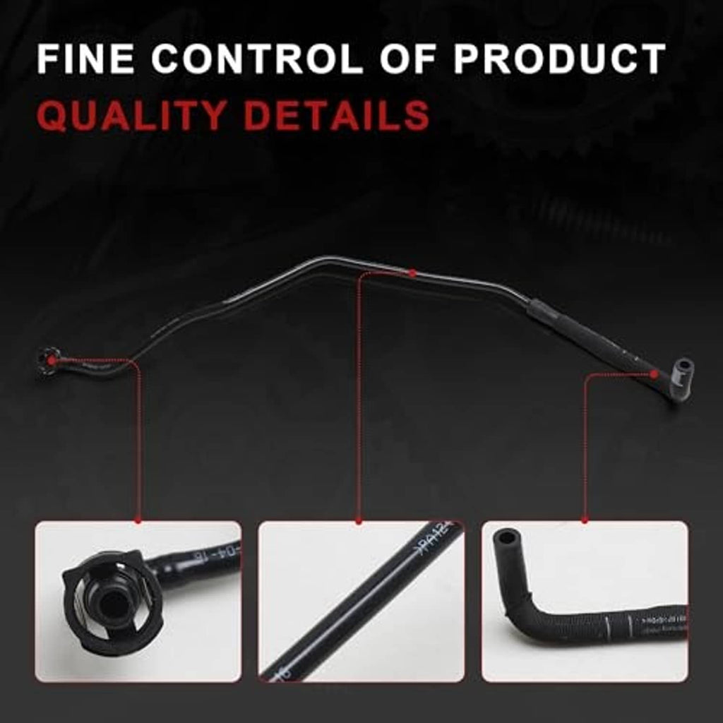 Curved engine coolant hose with multiple molded fittings and dark rubber body.