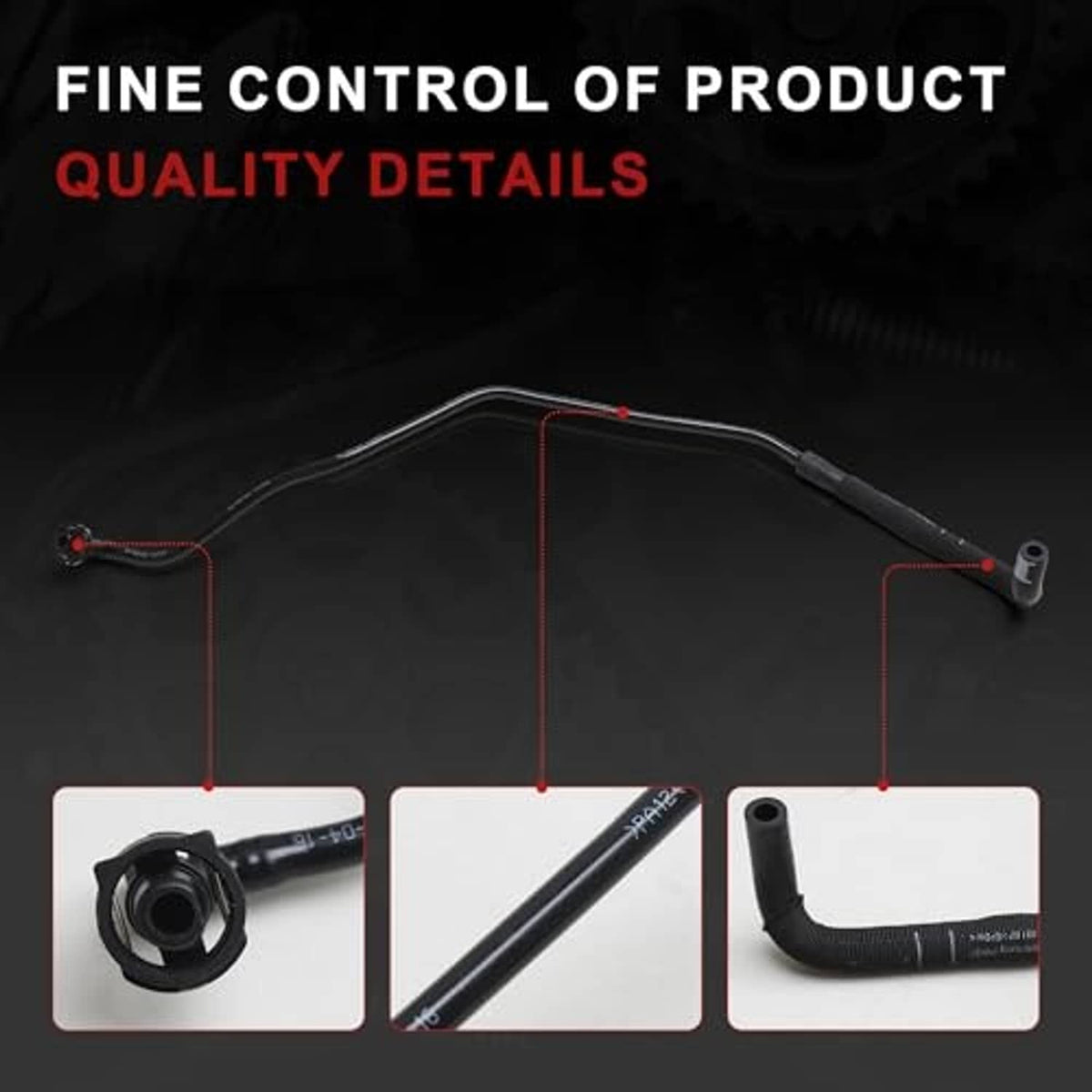Curved engine coolant hose with multiple molded fittings and dark rubber body.