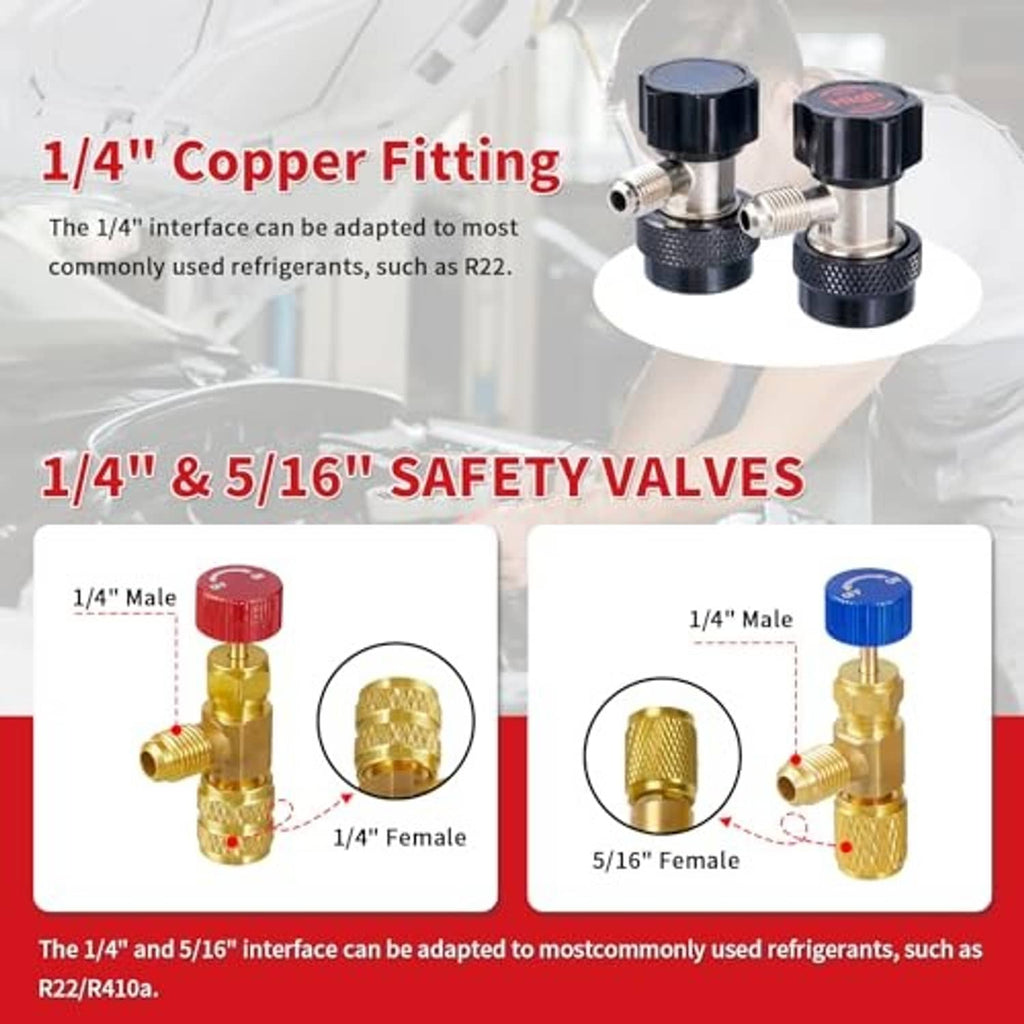 Refrigerant safety valves with 1/4 in copper fittings and blue/red valve caps