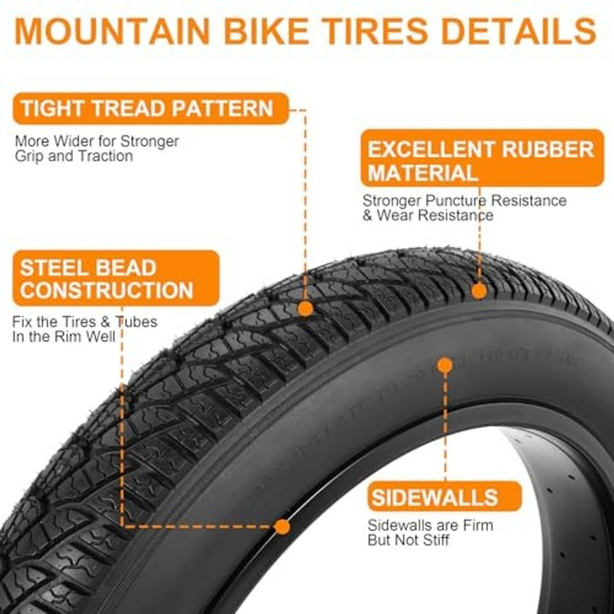 Black fat bike tire tread pattern detail with rugged, firm sidewall