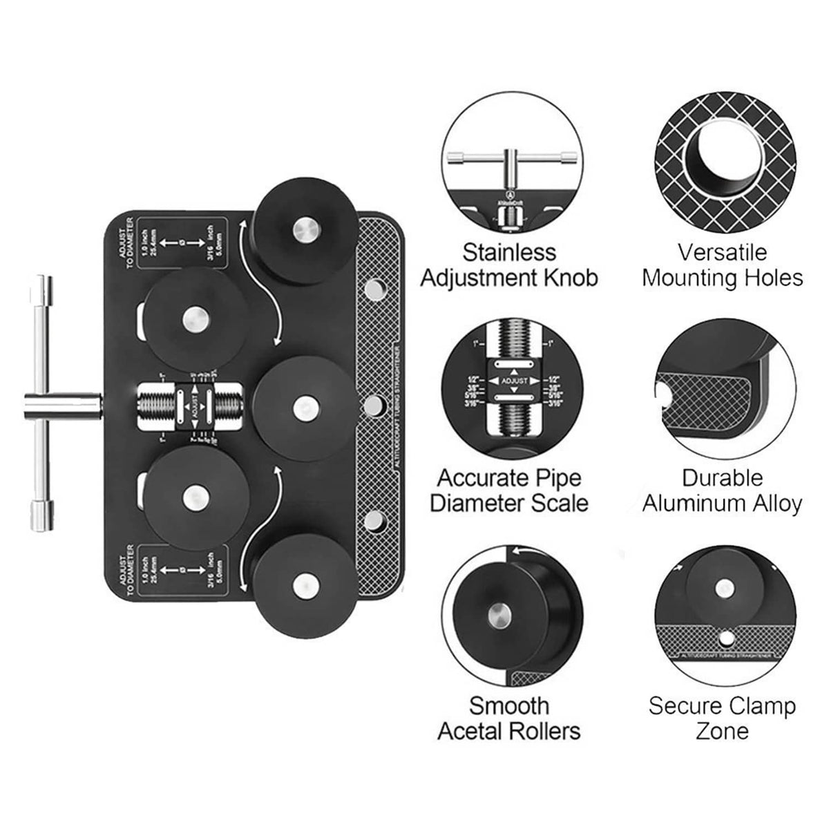 Tube straightener with adjustable knob, mounting holes, and acetal roller guides