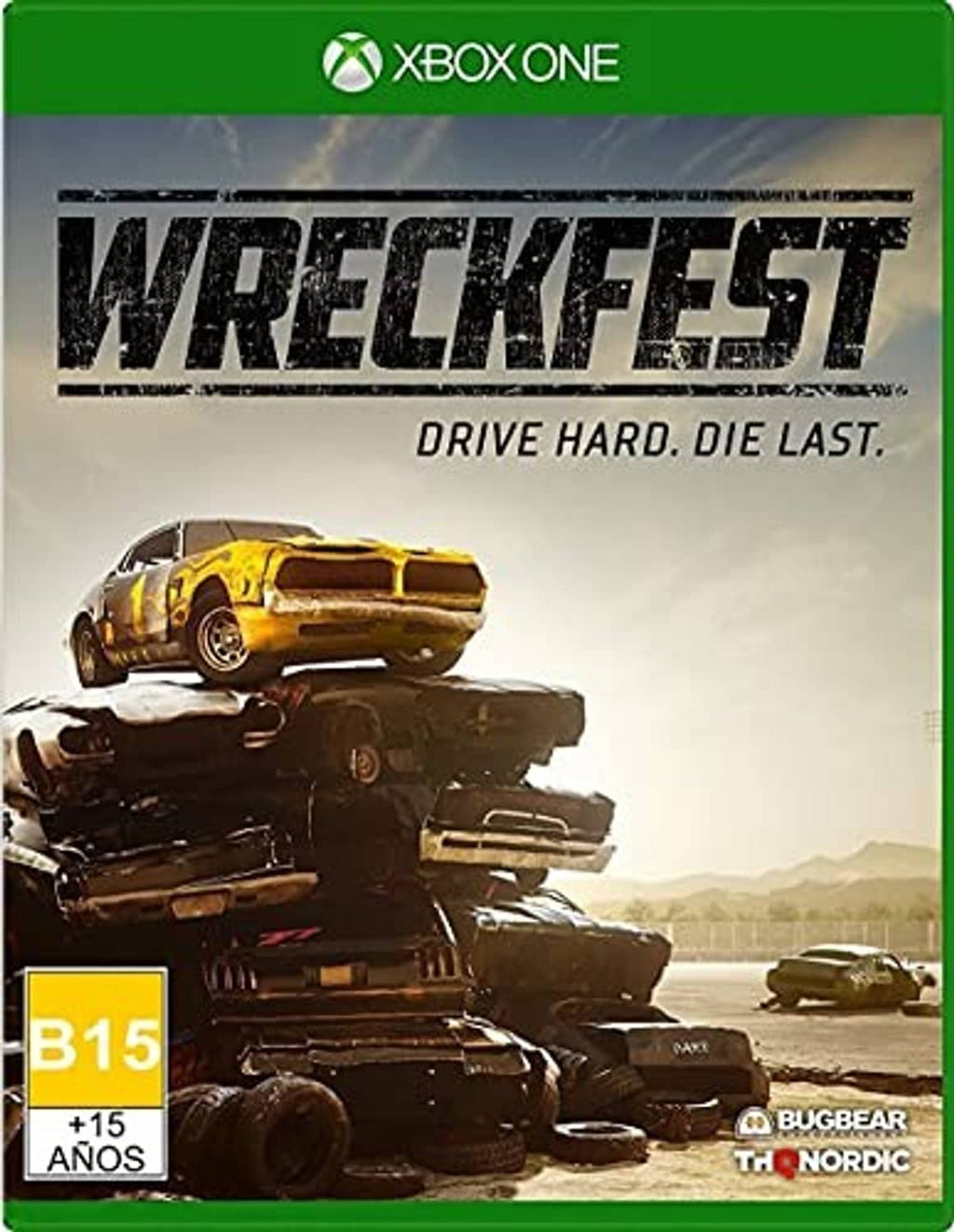 Wreckfest Xbox One game cover with yellow sports car illustration and green Xbox One top
