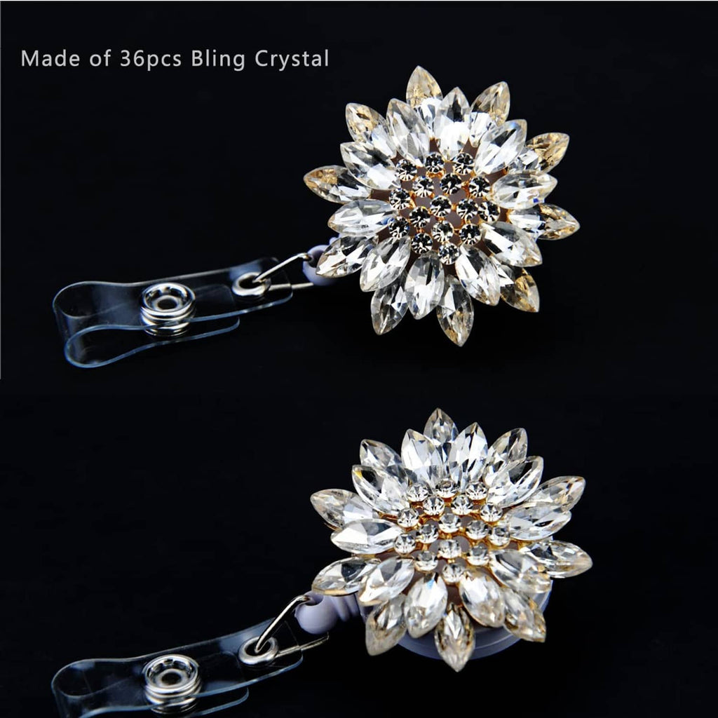Bling crystal flower badge reel with carabiner-style clasp and retractable cord