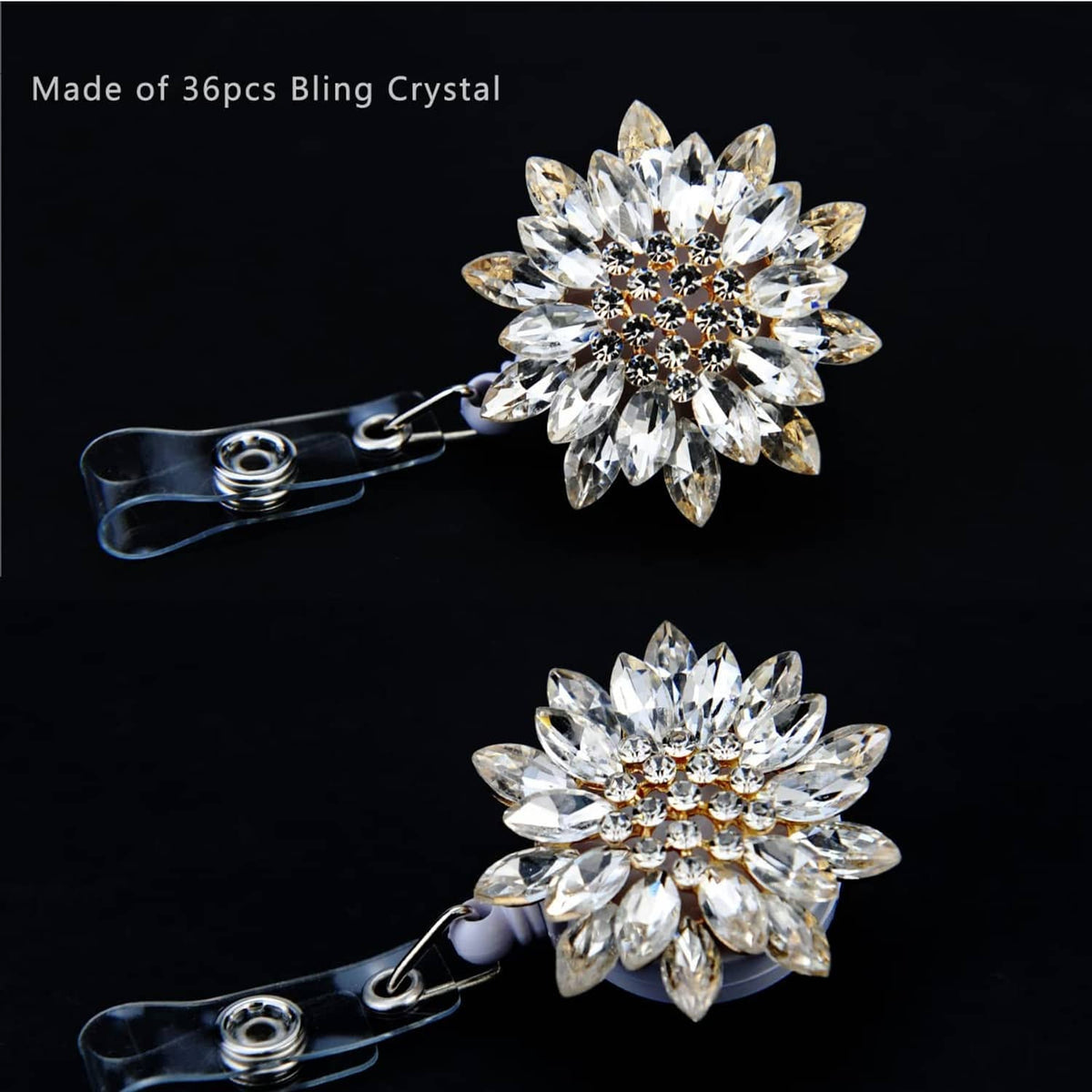 Bling crystal flower badge reel with carabiner-style clasp and retractable cord