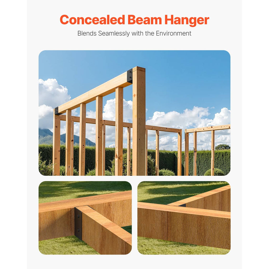 Concealed beam joist hanger for timber frames, showing bracket and installed connector shape