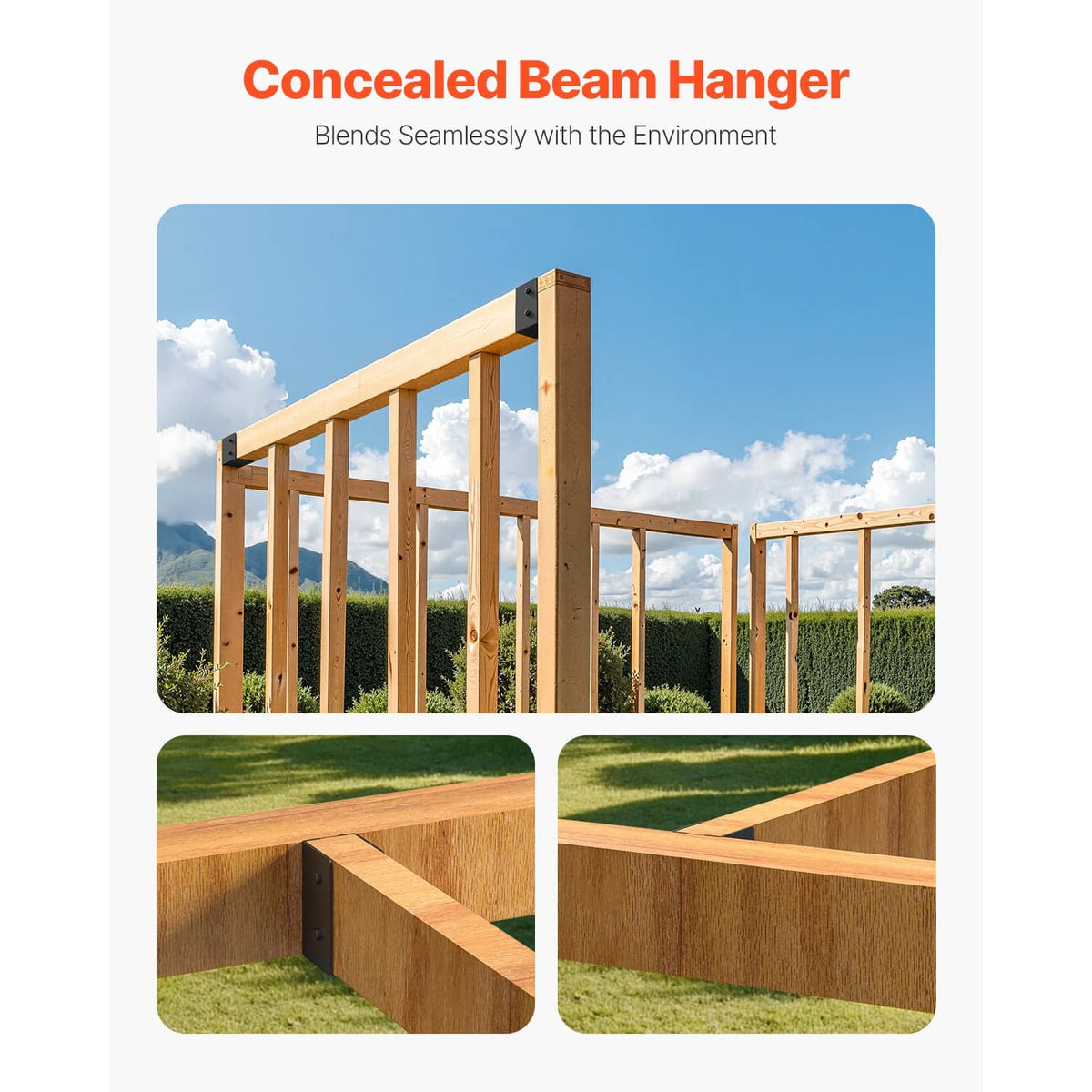 Concealed beam joist hanger for timber frames, showing bracket and installed connector shape