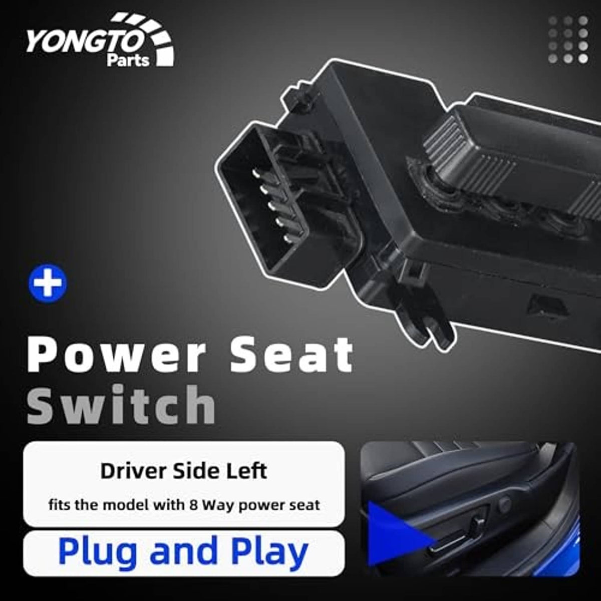 Black driver-side power seat switch panel with ribbed control knobs and connector