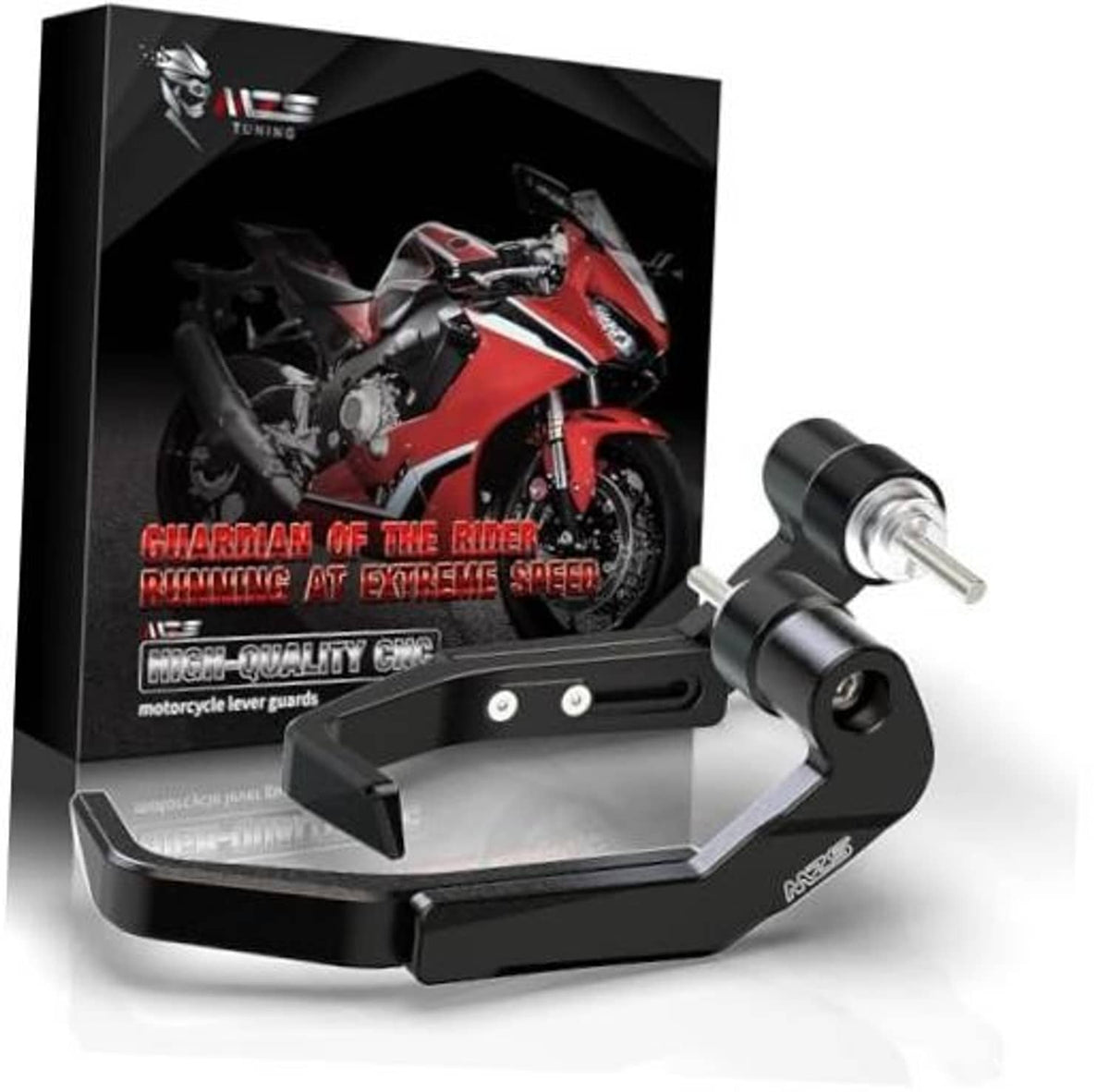 Black metal motorcycle lever guards with mounting hardware and pivot screw