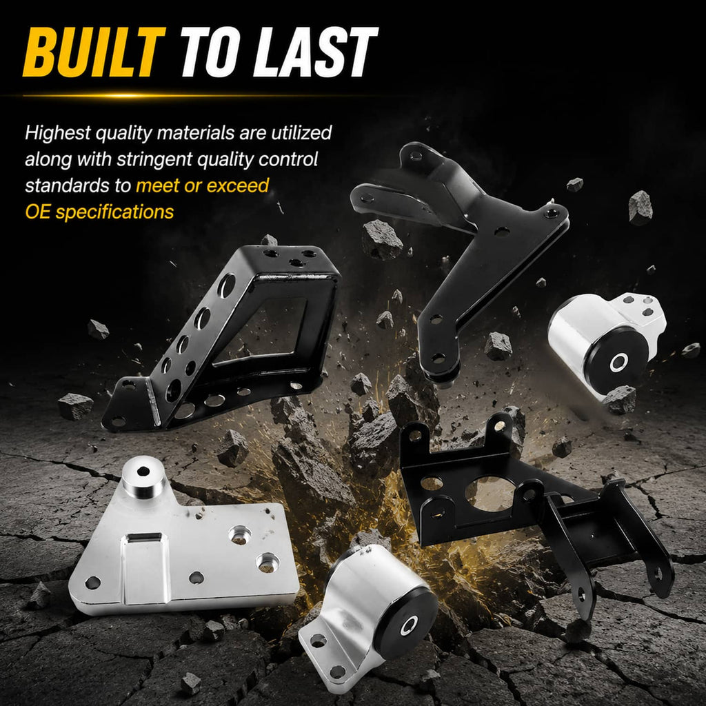 Engine mount bracket kit with multiple black brackets and silver mounting blocks