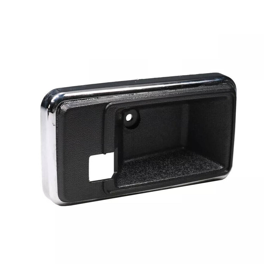 Interior door handle bezel cup, black textured insert with chrome side trim