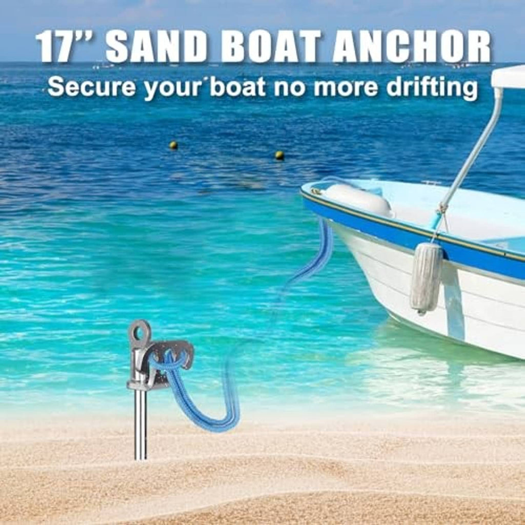 17-inch sand anchor for boat with stainless auger, shown on sandy shoreline