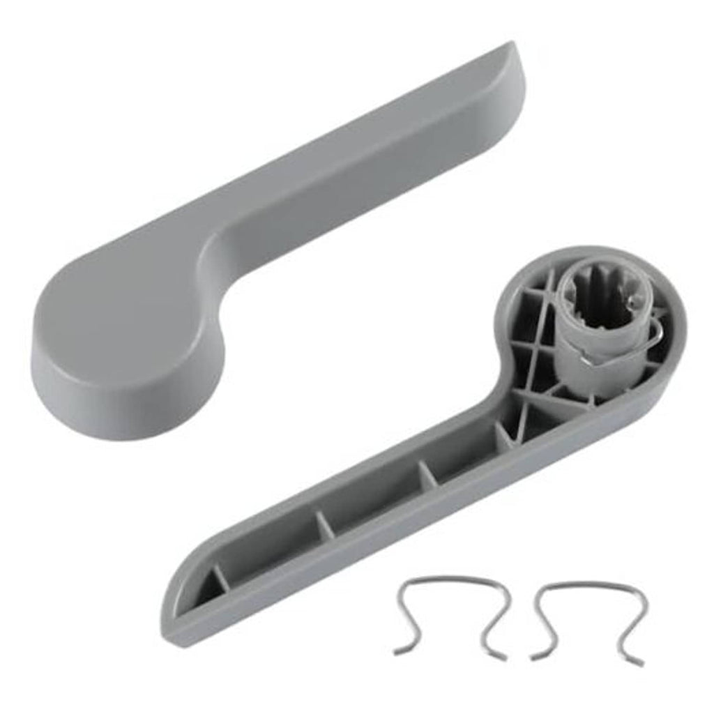 Gray seat recliner handle lever with mounting cap and two retaining clips