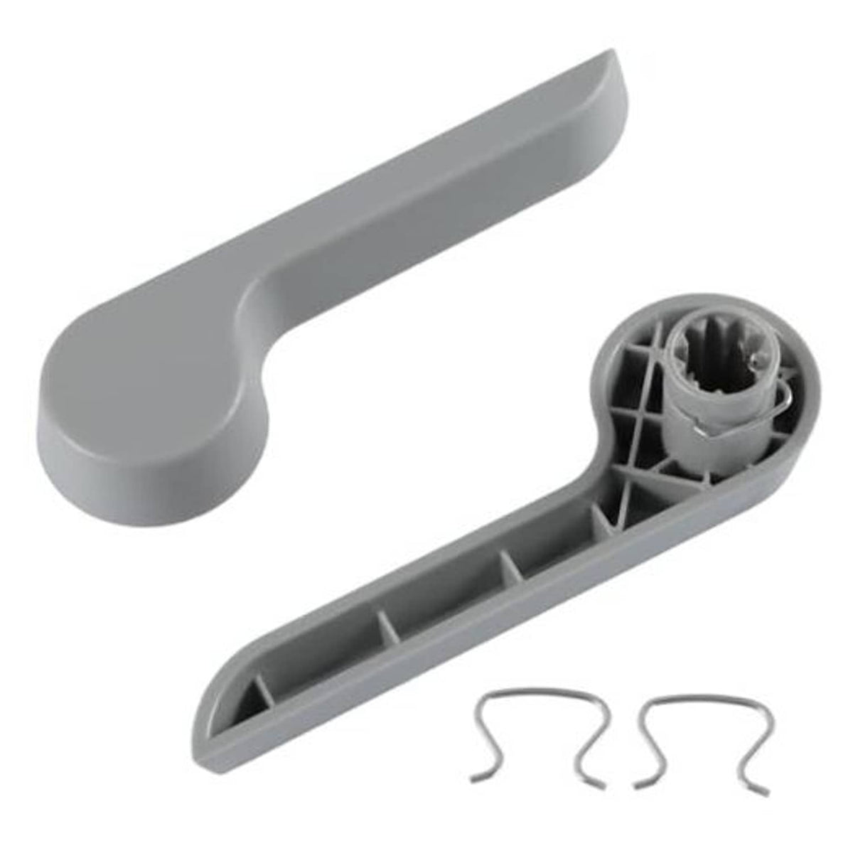 Gray seat recliner handle lever with mounting cap and two retaining clips