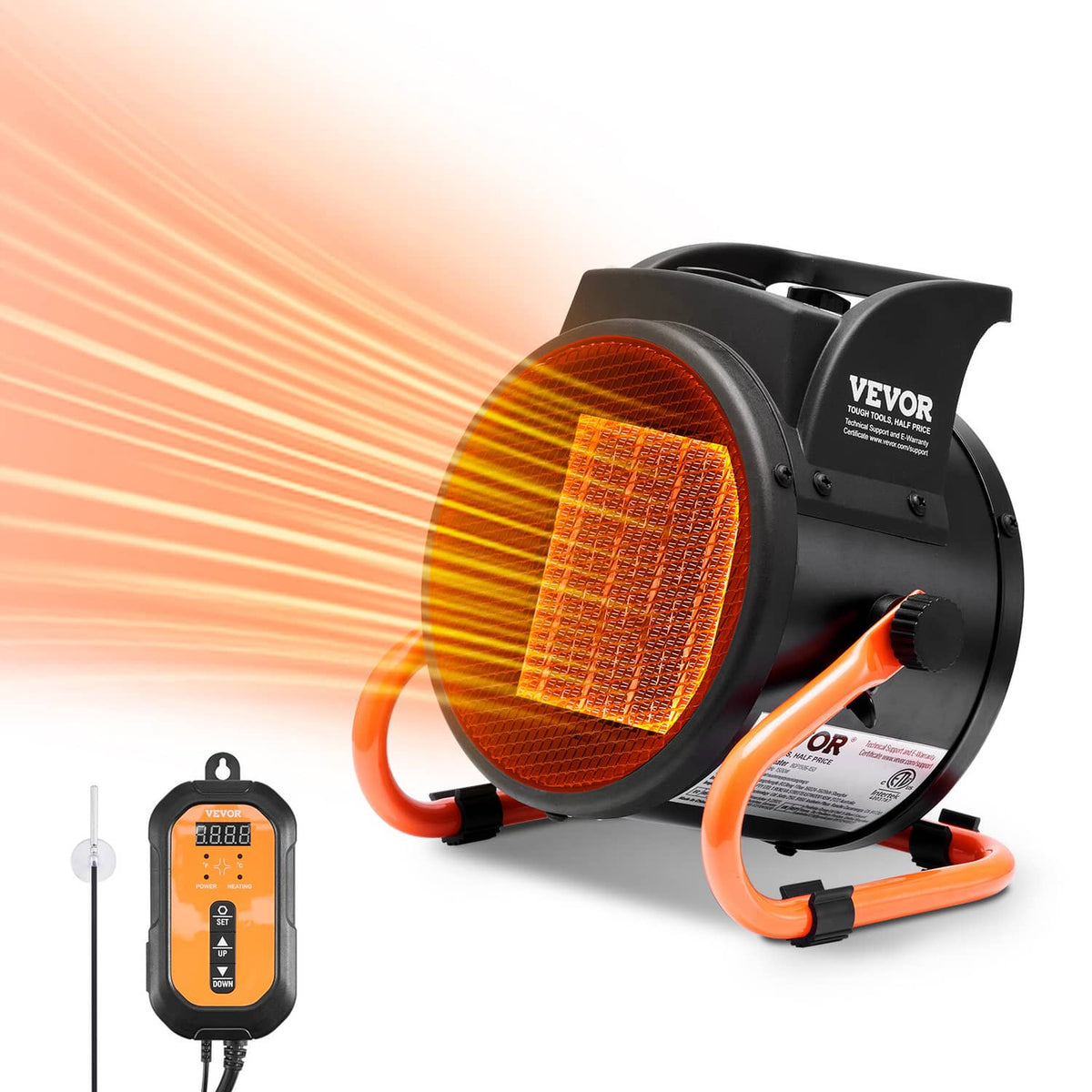 PTC greenhouse heater with orange heat glow and black VEVOR fan housing