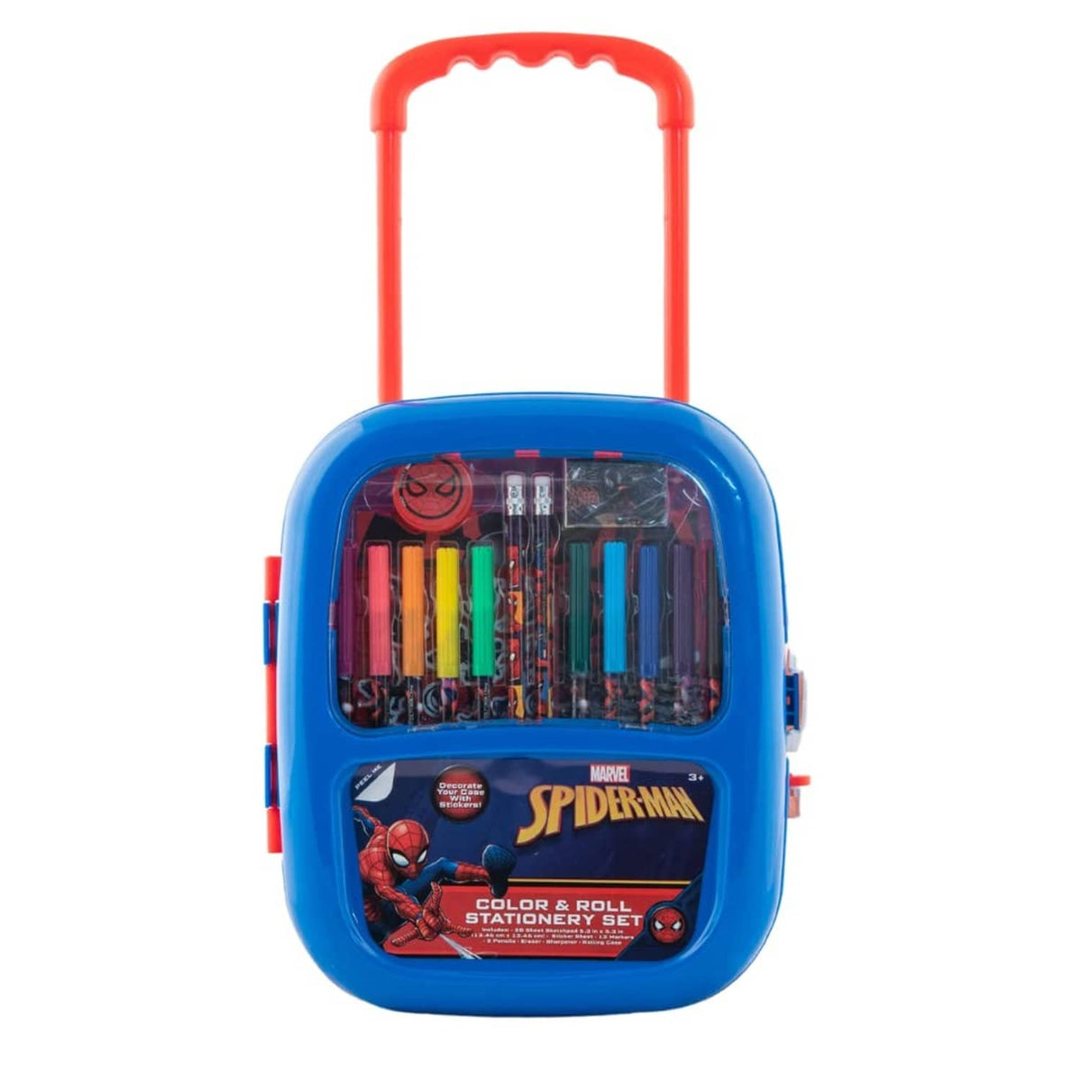 Spider-Man color-and-roll stationery set in blue rolling carry case
