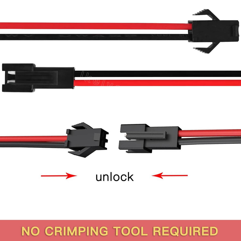JST SM 2-pin plug connectors with red/black leads showing unlock tabs