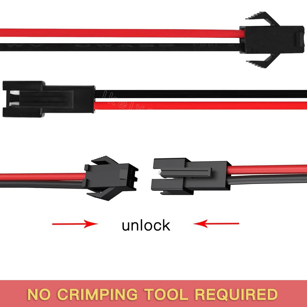 JST SM 2-pin plug connectors with red/black leads showing unlock tabs