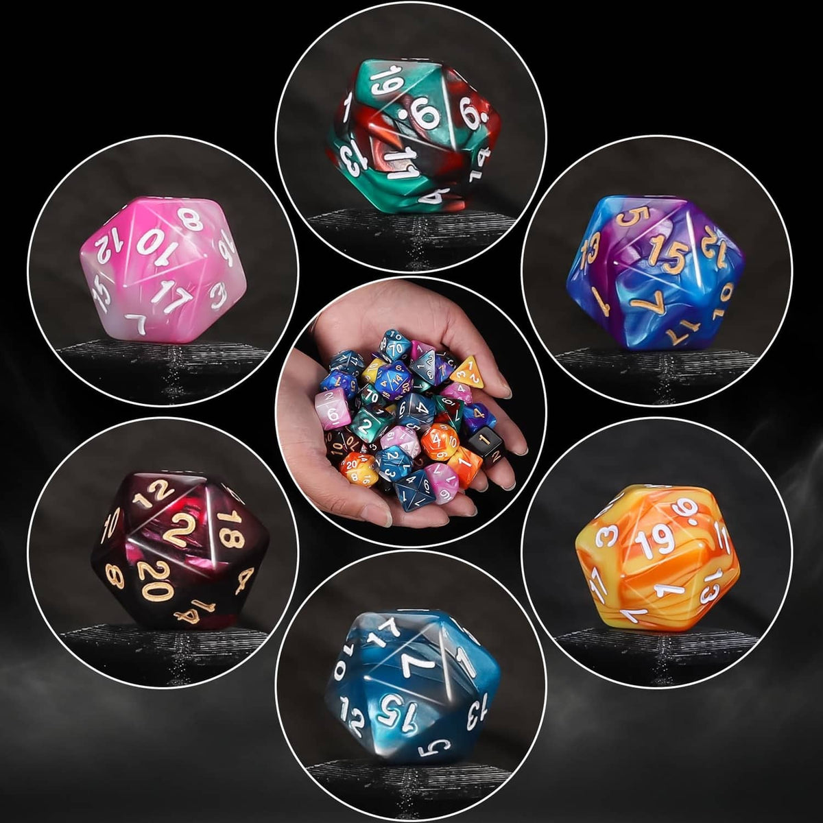 Hand holding mixed polyhedral RPG dice in teal, pink, orange, purple, black, and blue