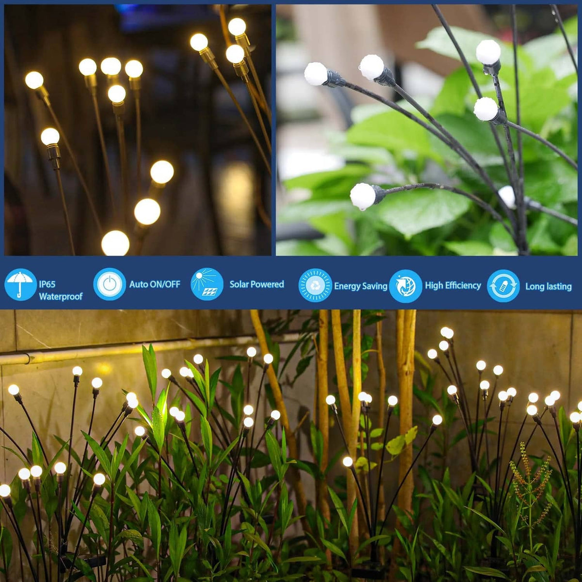 Solar garden sway lights in grass, warm white globe bulbs on thin black stems