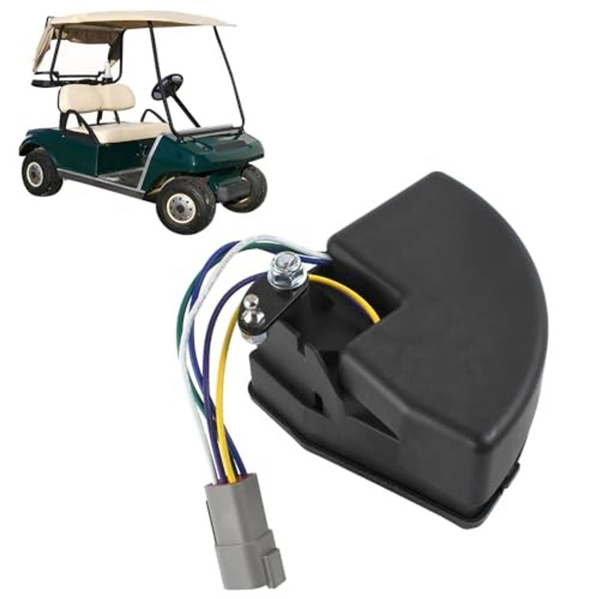 Golf cart wiper switch assembly showing black housing, mounting bracket, and wire leads