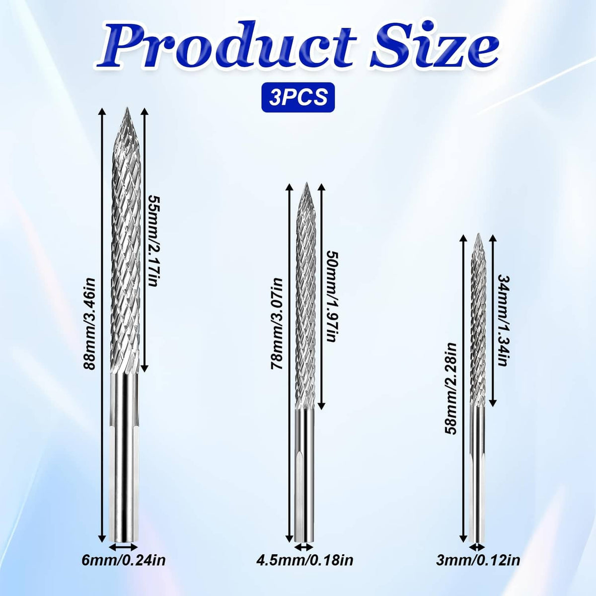 Three tire reamer bit sizes shown: 3mm, 4.5mm, and 6mm, silver shafts