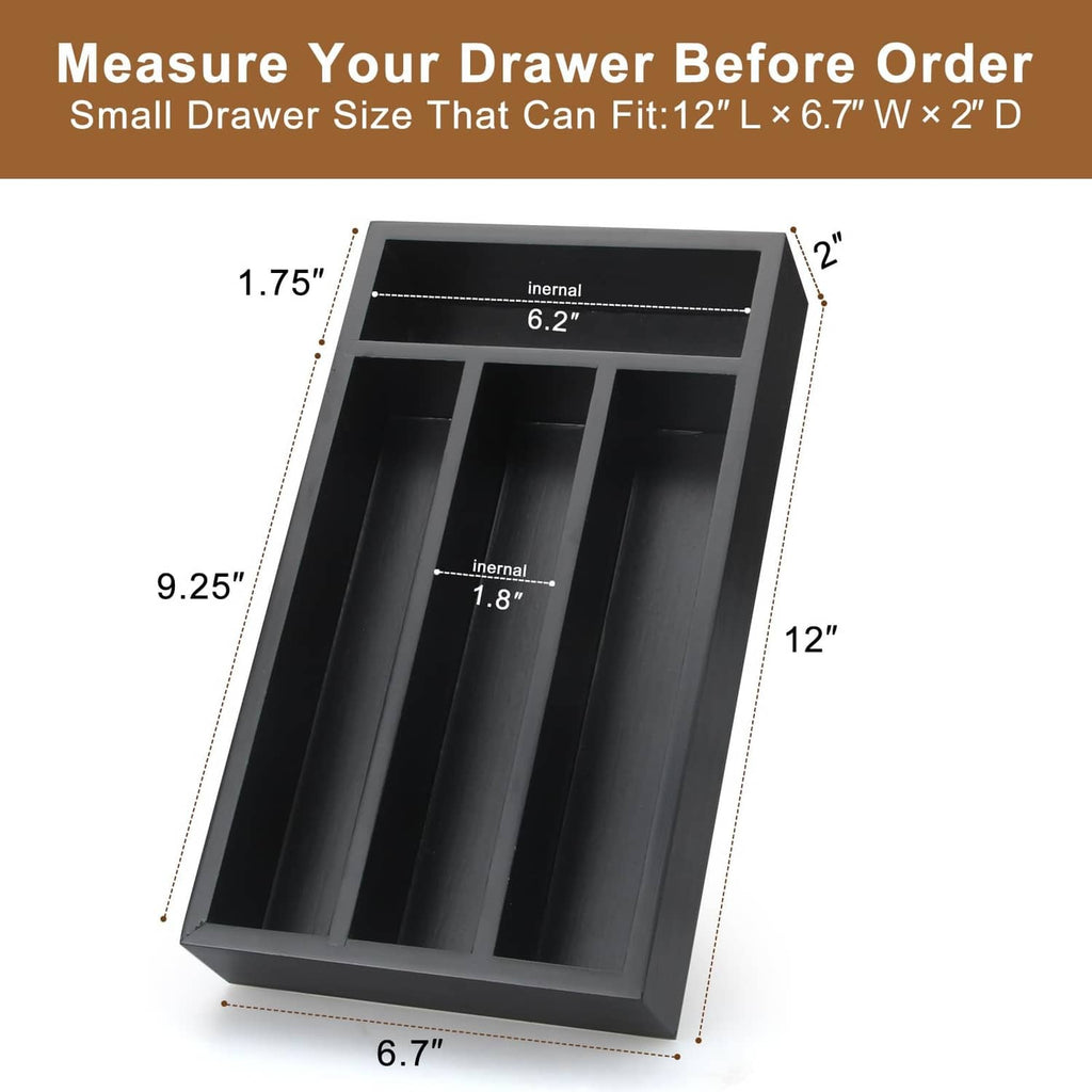 Black narrow drawer organizer tray with compartment grid and size markings