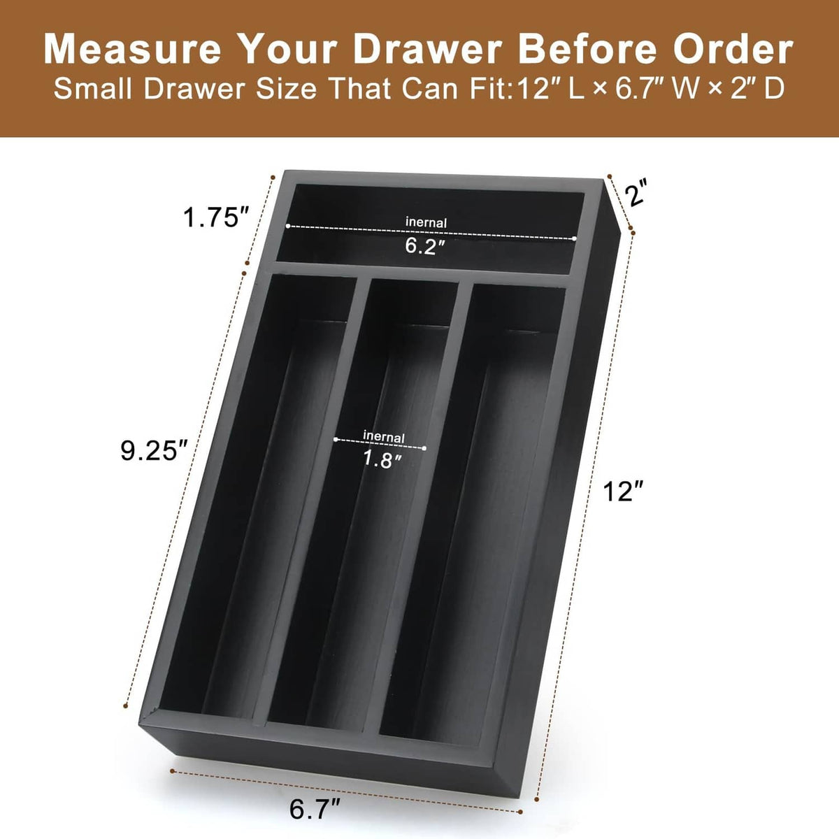 Black narrow drawer organizer tray with compartment grid and size markings