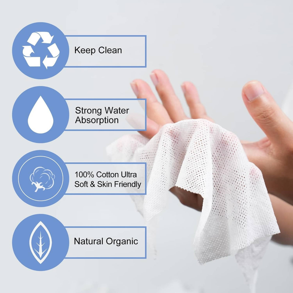 White compressed towel in hand, expanding into a soft textured cloth