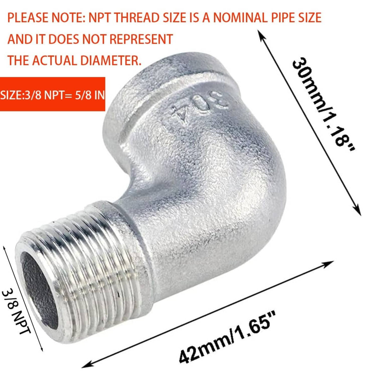 Stainless steel 90° elbow fitting with size markings and NPT thread ends