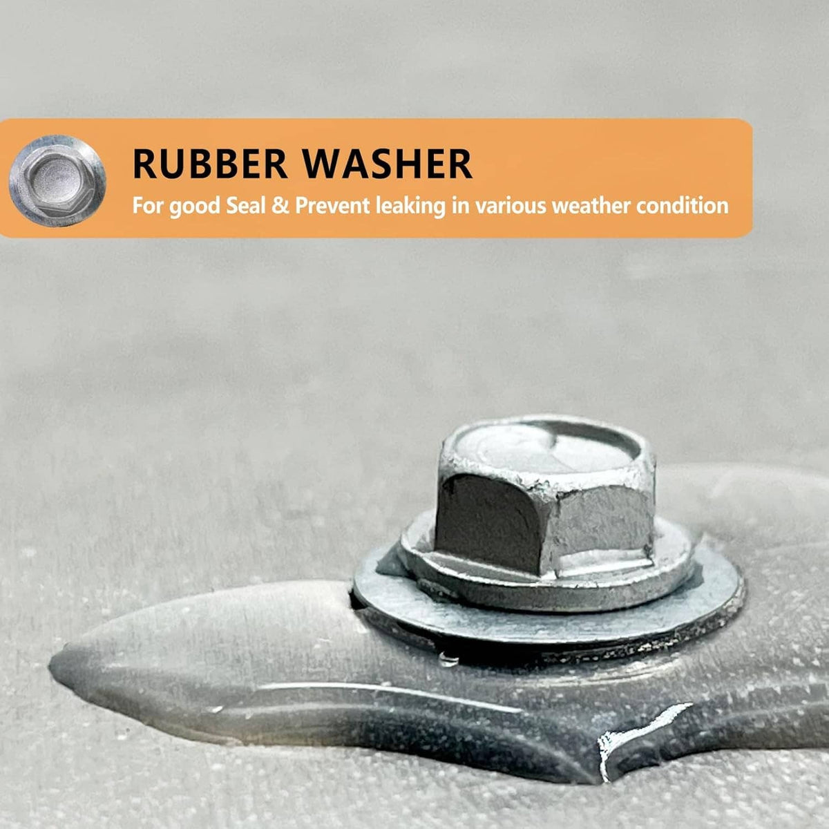 Hex head roofing screw with rubber washer, silver-gray finish