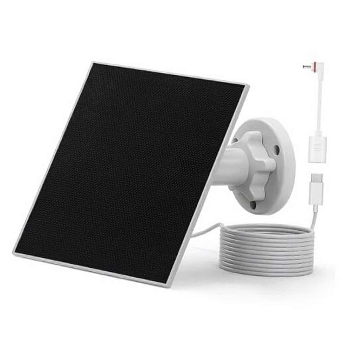 Black ETFE solar panel kit with white wall mount and coiled power cable