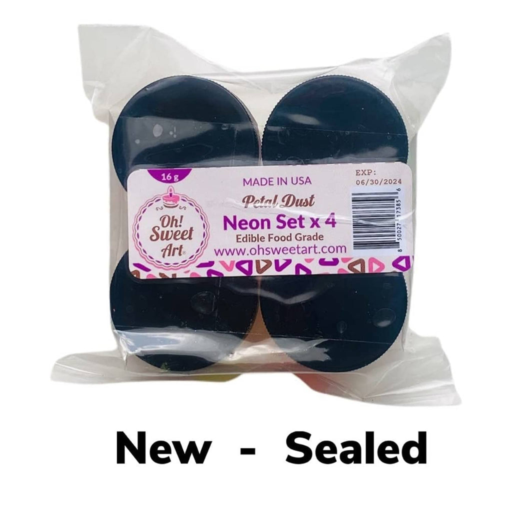 Sealed pouch of dark navy edible glitter dust, labeled as petal dust set