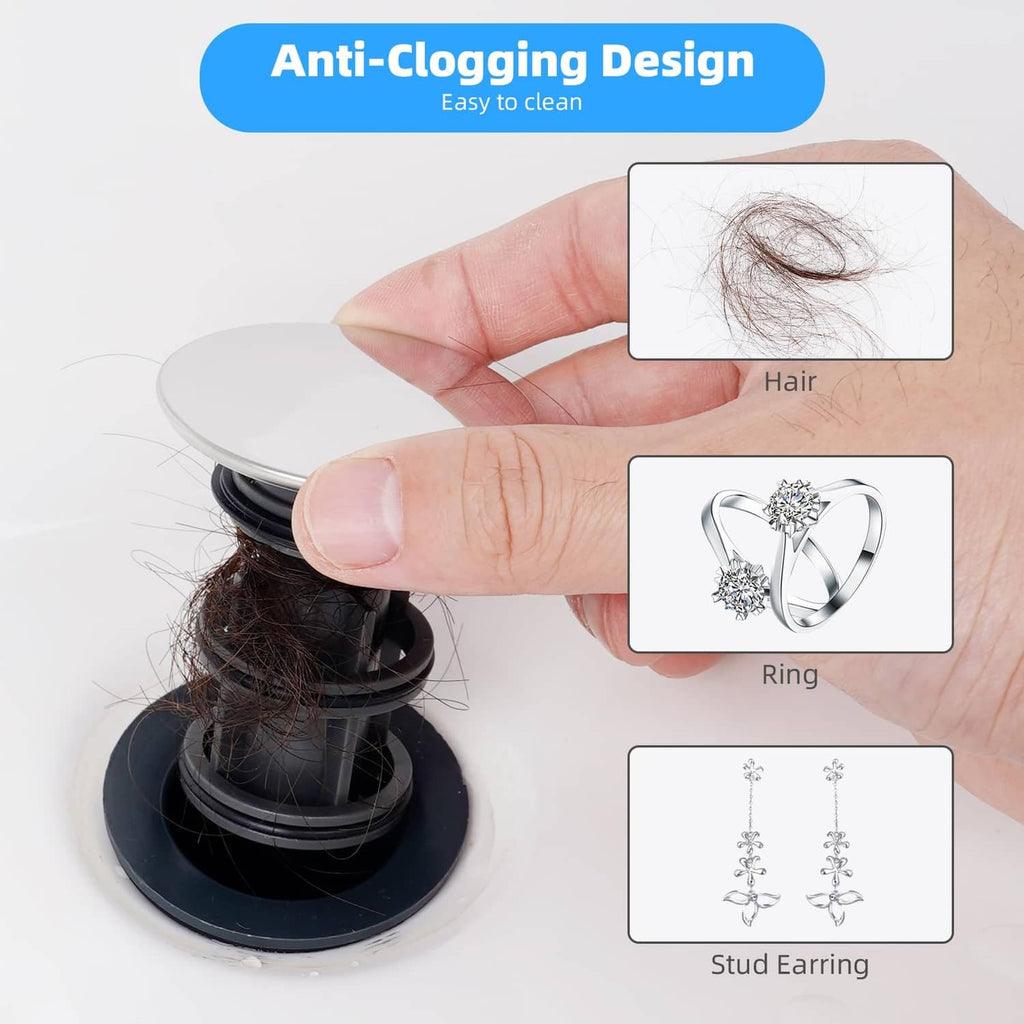 Universal sink drain with overflow, chrome anti-clog pop-up stopper with hair trap