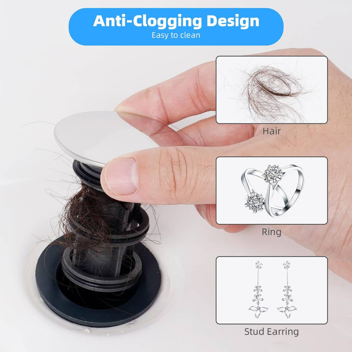 Universal sink drain with overflow, chrome anti-clog pop-up stopper with hair trap