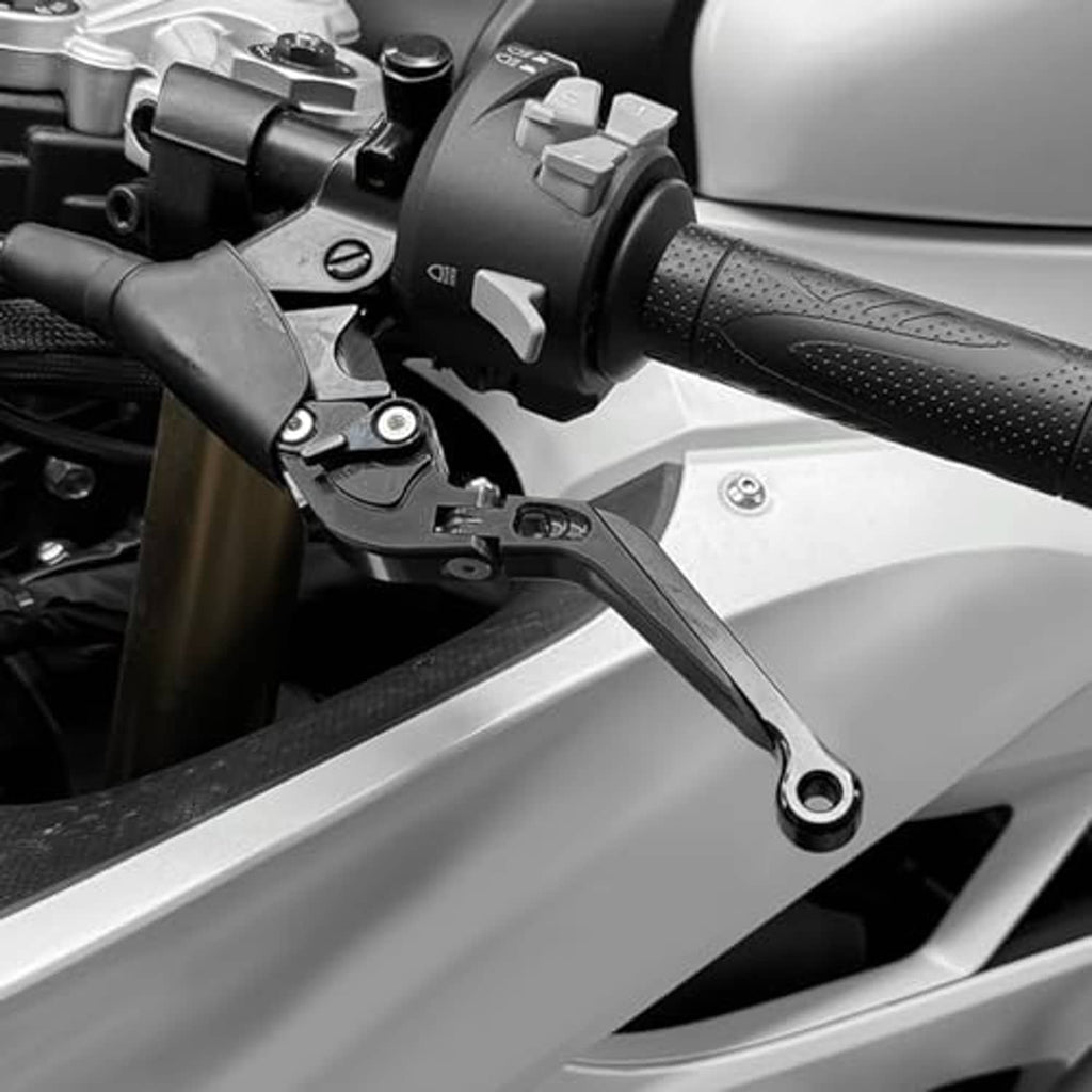 Black motorcycle clutch lever with textured grip and pivot arm near the handlebar housing
