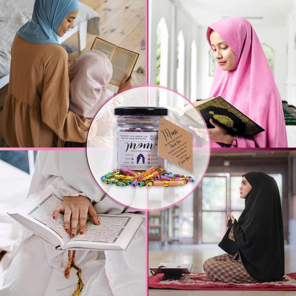 Quran verses jar with dark lid and colorful capsules, shown with gift cards
