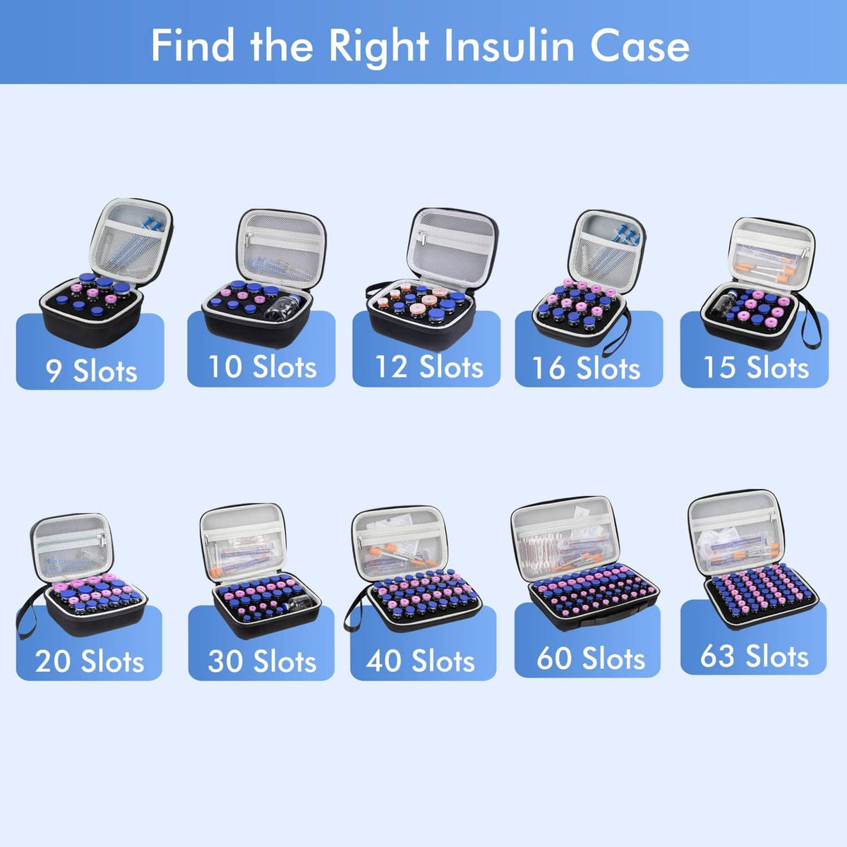 Black 9-slot insulin vial case, small hard zip organizer with mesh lid