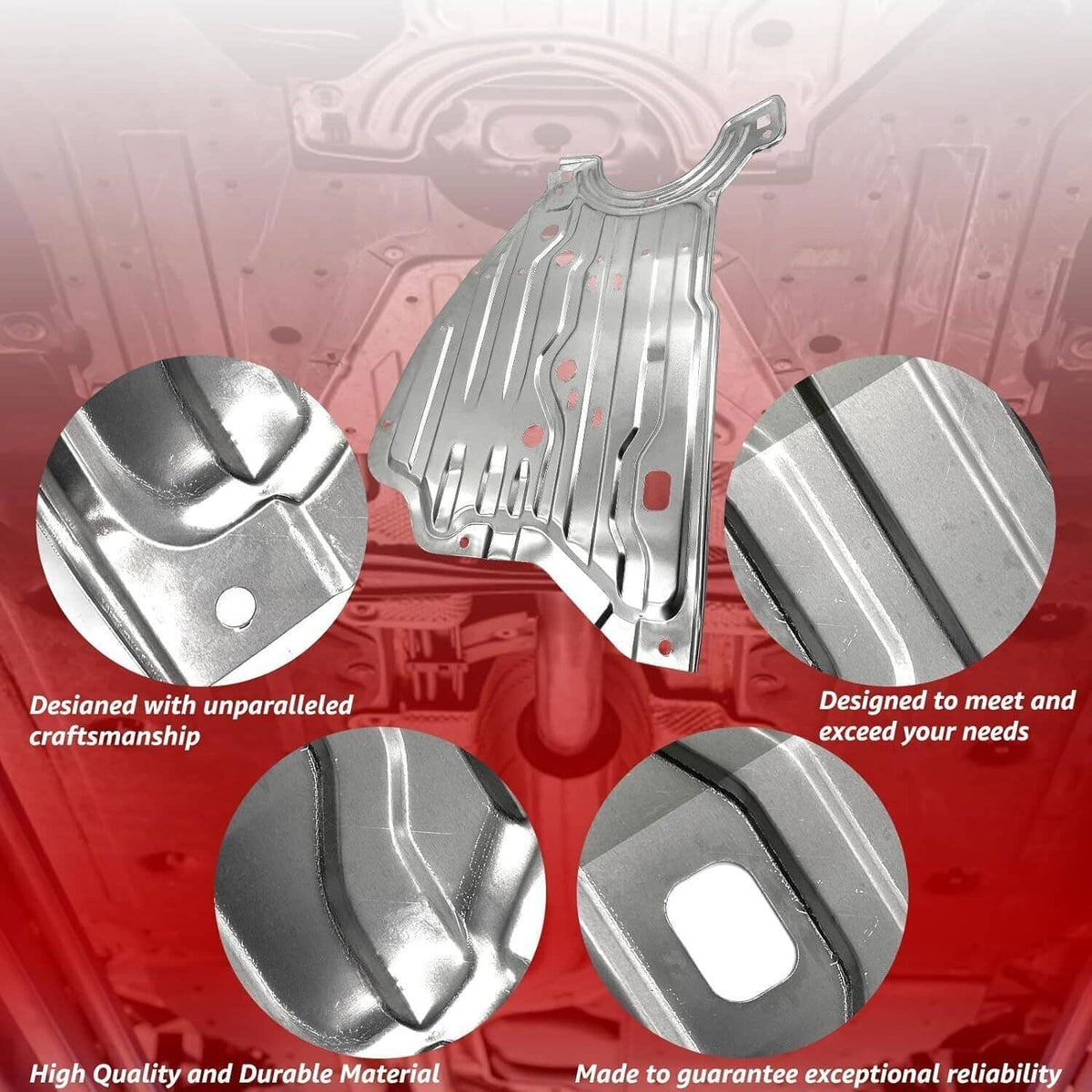 Engine splash guard under shield cover, silver metal panel with mounting points and reinforcement
