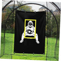 Black baseball strike zone target banner with catcher illustration and yellow border