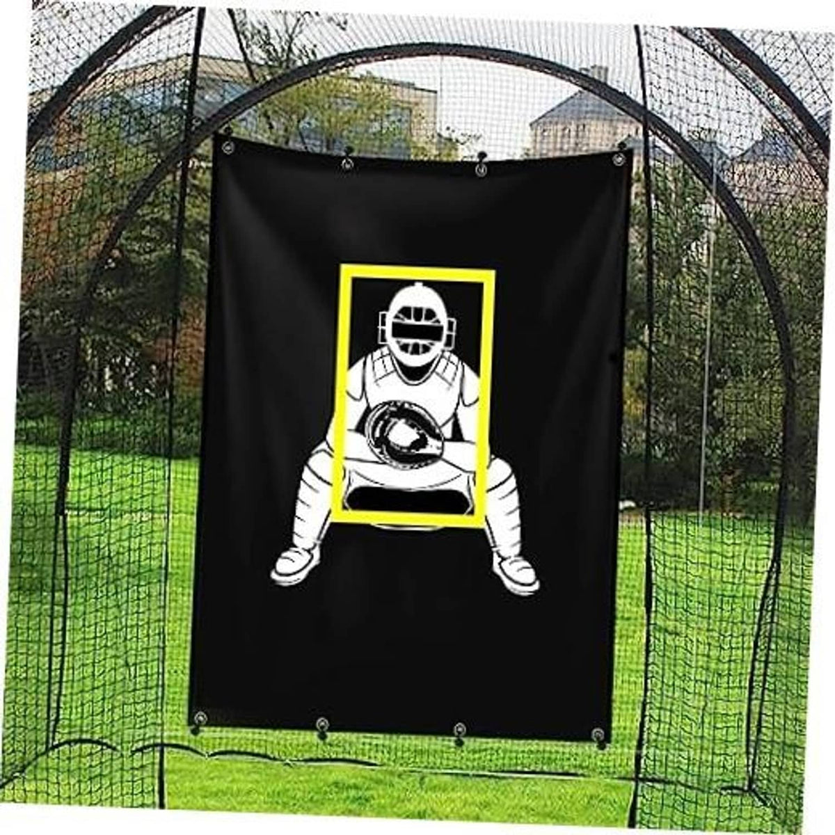 Black baseball strike zone target banner with catcher illustration and yellow border