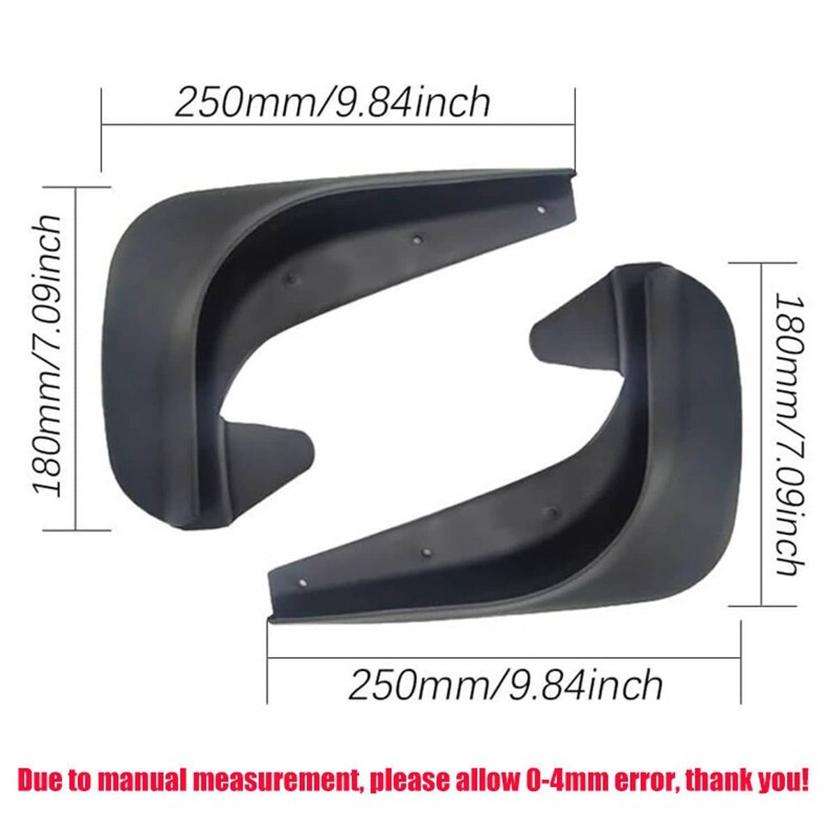 Single black mudguard flap with predrilled holes; size shown in inches and mm