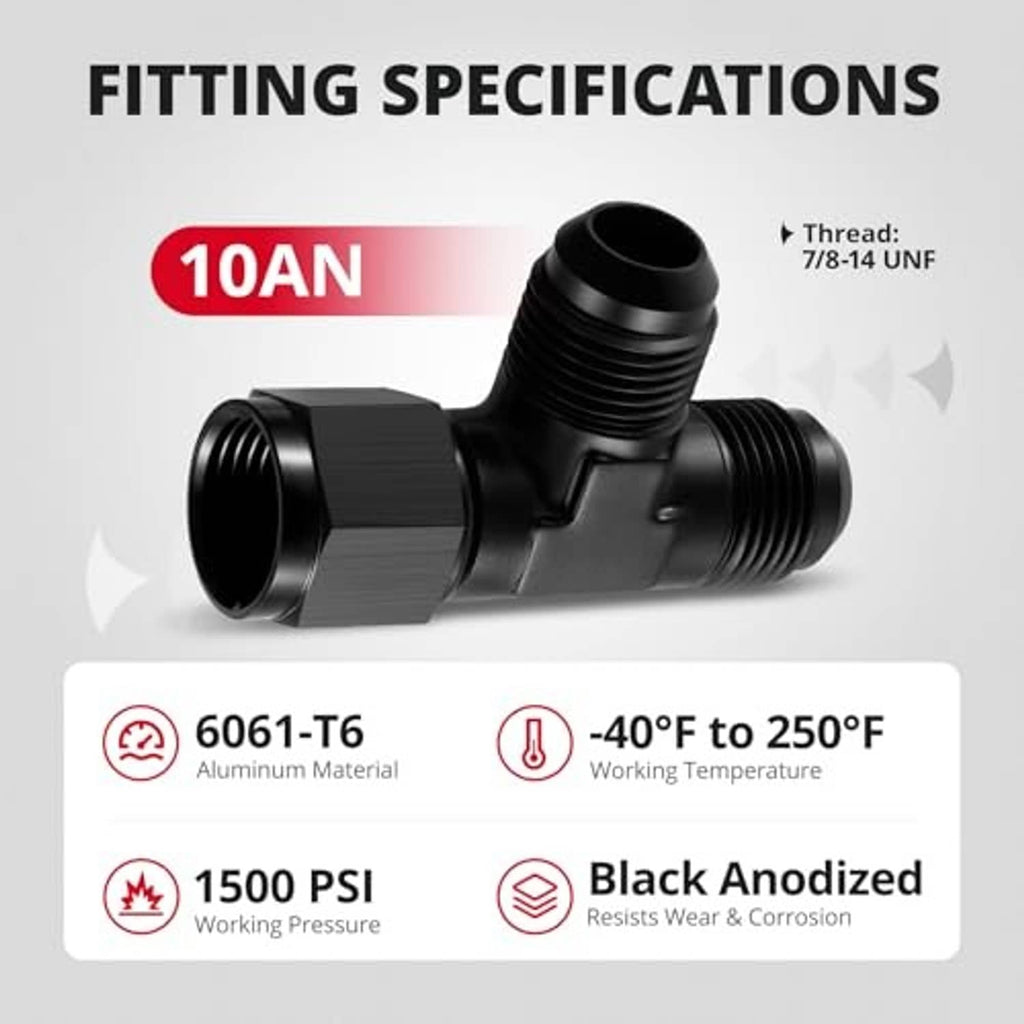 Black AN10 T-style fitting adapter with knurled union nut and threaded ports