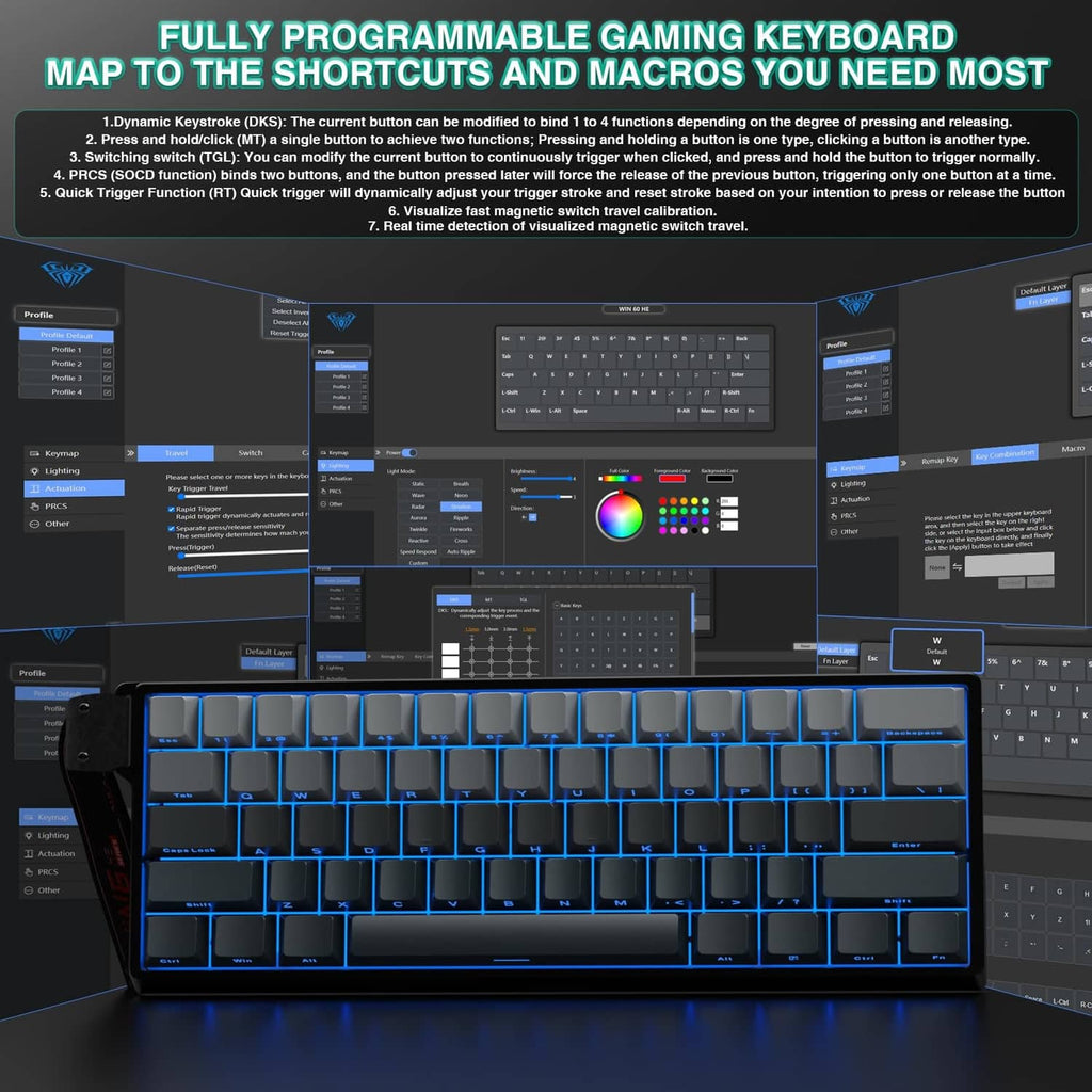 Programmable gaming keyboard with gray keycaps and blue macro overlay, RGB backlit.