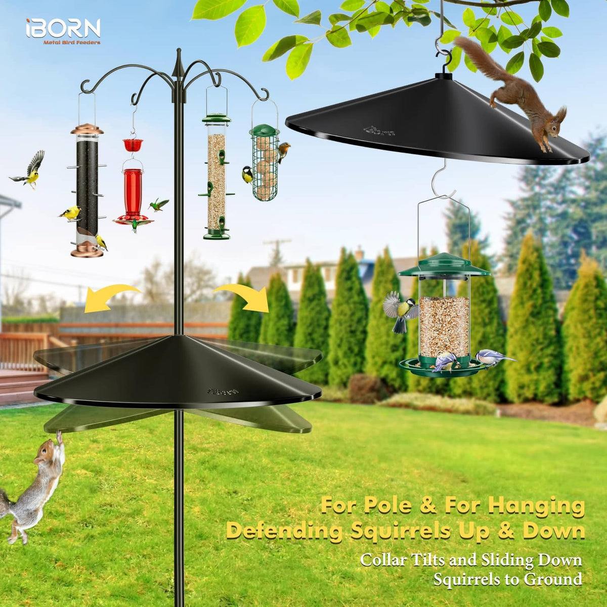 Black hanging baffle with pole and multiple feeder hooks for tilting or sliding