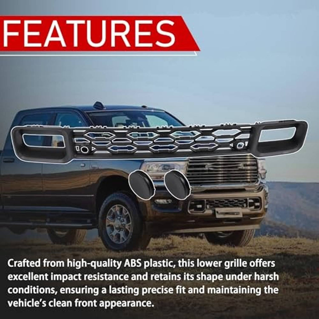 Black ABS-style lower grille with honeycomb mesh and dual fog-light openings, caps included