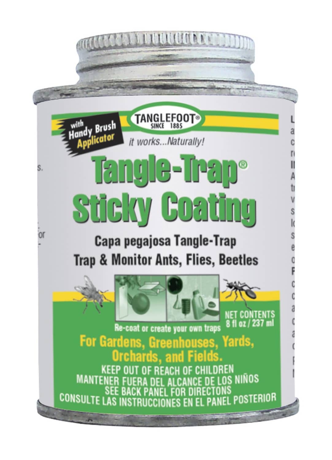 Tangle-Trap sticky coating jar with silver lid, brushable pest-control adhesive.