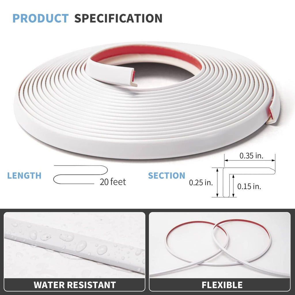 White peel-and-stick vinyl corner trim roll with cross-section and size guide