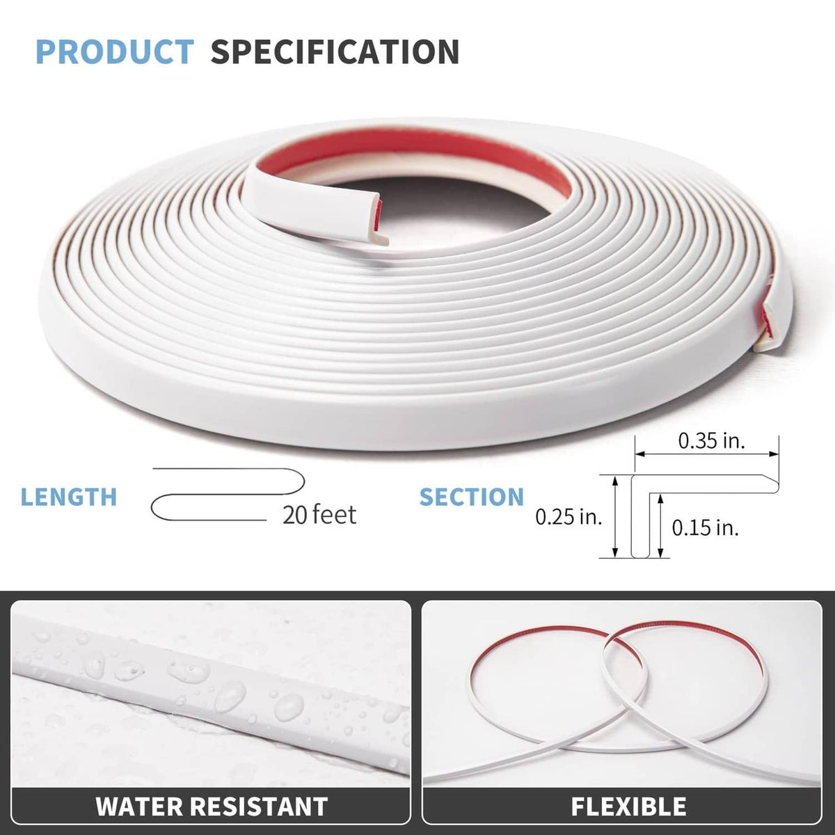 White peel-and-stick vinyl corner trim roll with cross-section and size guide