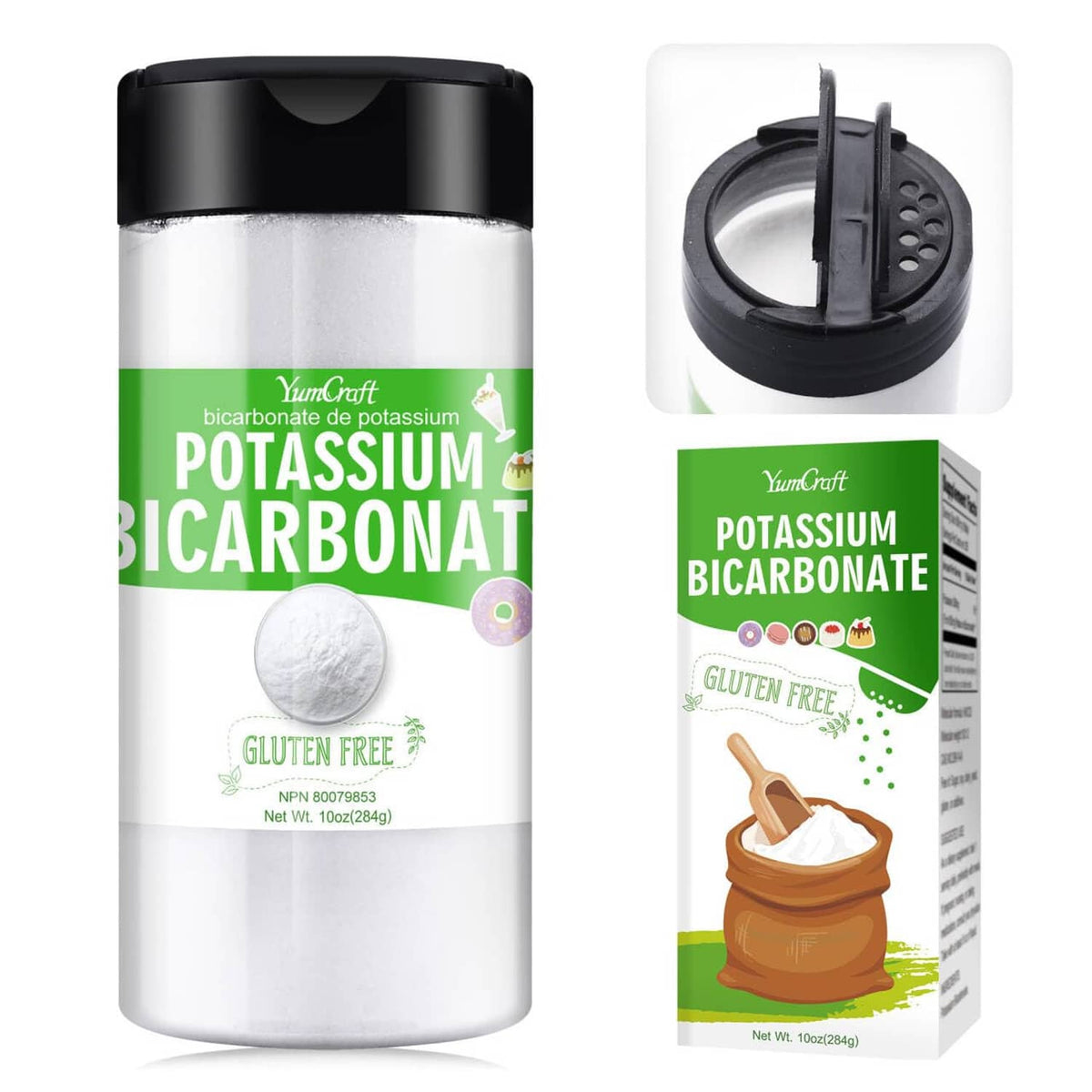 Potassium bicarbonate powder jar with black lid and green box package