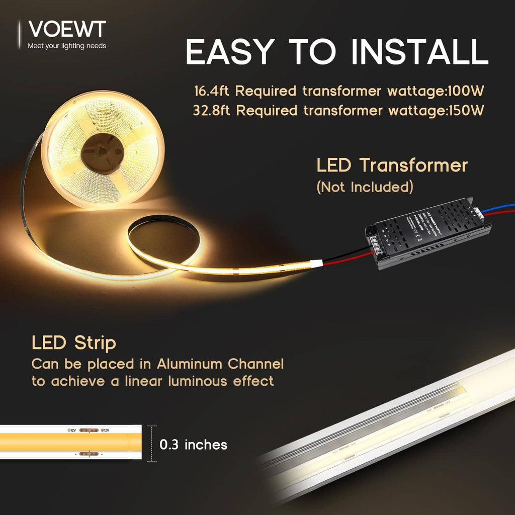 Warm white LED strip lights with a roll and inline transformer wiring (transformer not included).